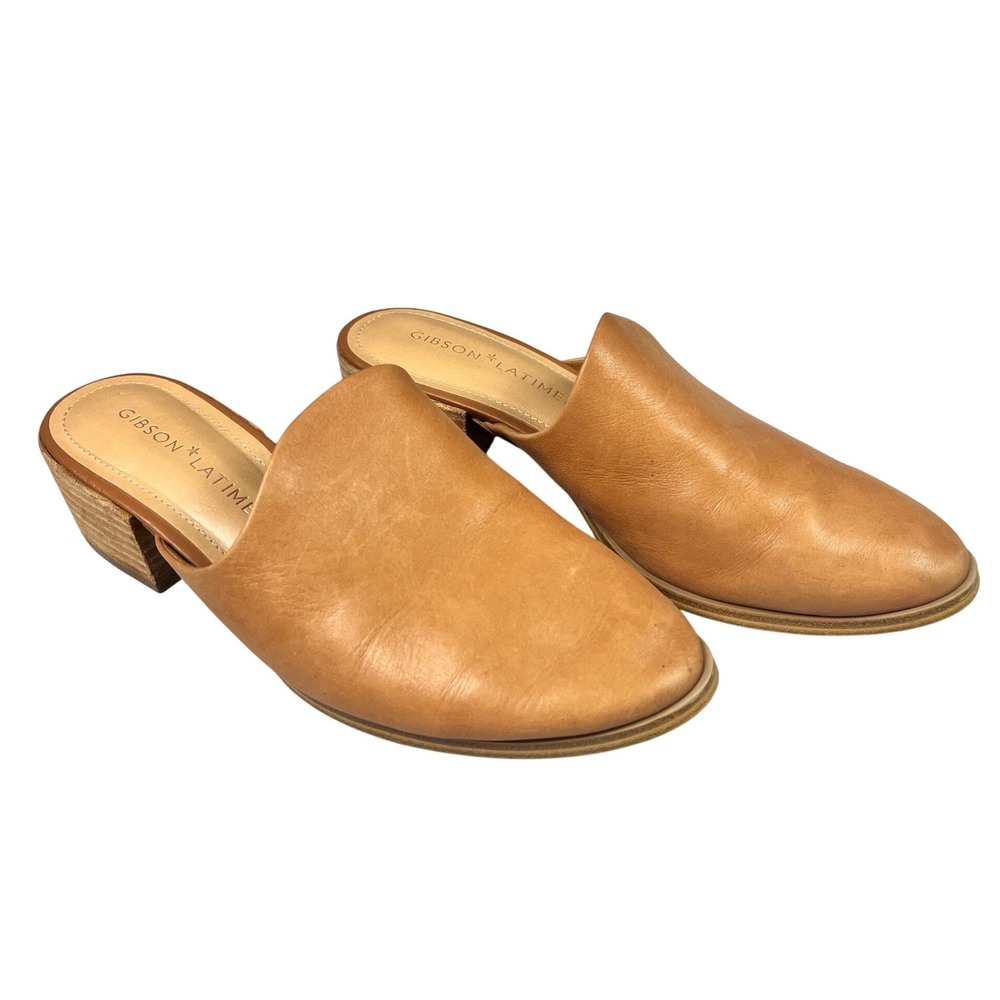 Gibson Latimer Tan Cow Leather Mules Stacked Block Heel‎ Slides Womens 7M Shoes